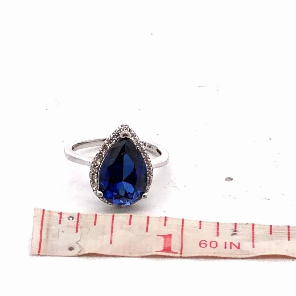 Designer PMJ 925 Sterling Silver Pear Blue Cubic Zirconia White CZ Halo Ring